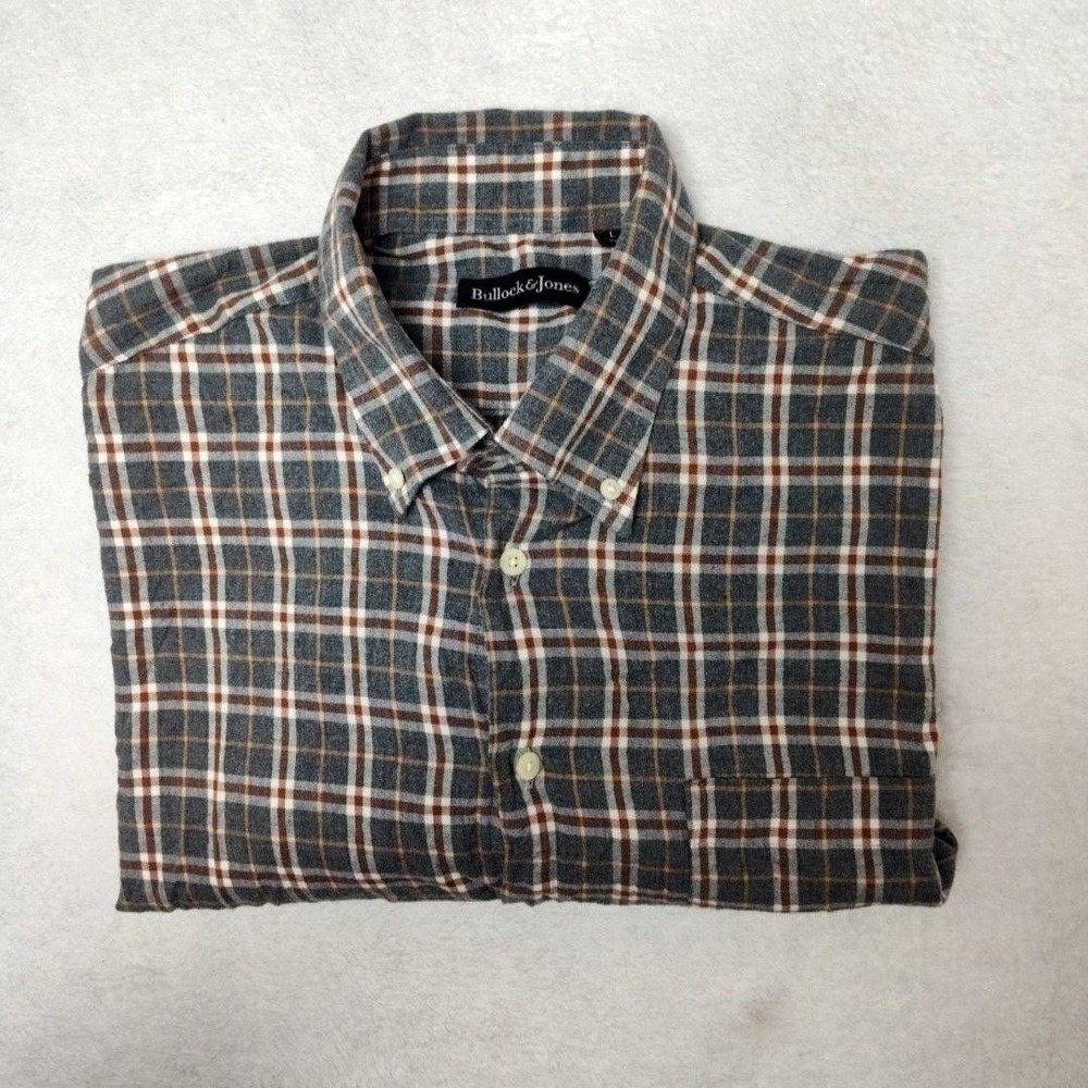 Bullock & Jones Shirt Mens L Gray Plaid Button-Up Flannel Cotton Long Sleeve USA